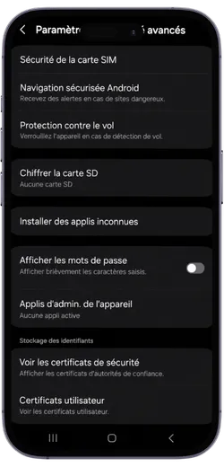 Paramètres de sécurité Android